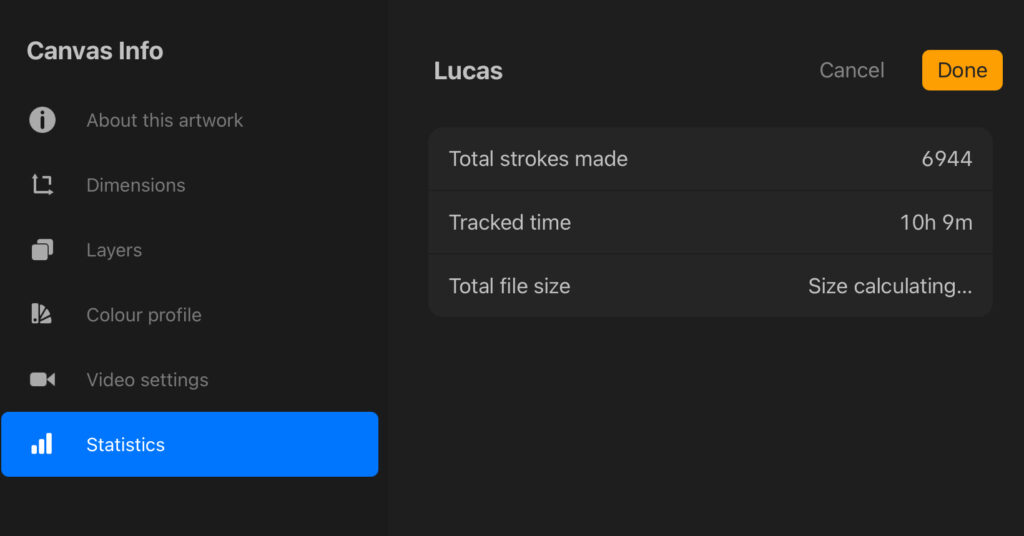 Imagen de las estadísticas que brinda la app Procreate sobre trazos realizados, tiempo insumido y tamaño del archivo de la ilustración digital
